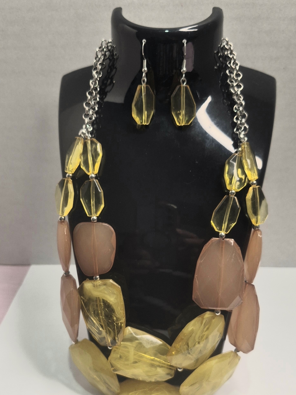 Yellow and Taupe Glass Bead Necklace & Earring Set